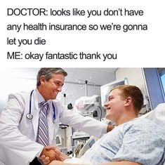 a man in a hospital bed talking to another man who is wearing a white coat and tie