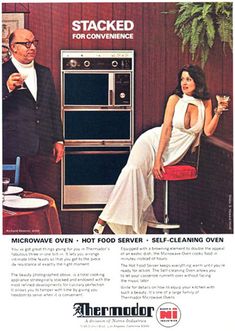 an advertisement for thermocor oven with a woman sitting on a chair in front of it