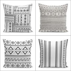 four pillows with black and white designs on them