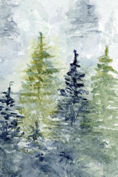 watercolor painting of trees in the fog