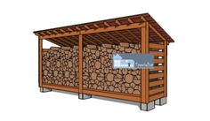 a wooden shelter with logs stacked in it and a sign that says how to specialise