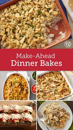 make - ahead dinner bakes collage with images of different dishes and the words, make - ahead dinner bakes