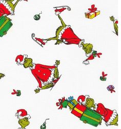 an image of the grin's christmas pattern on white fabric with presents and gifts