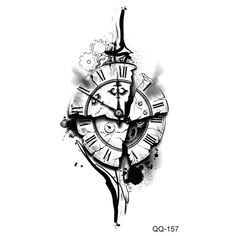 a black and white drawing of a clock with ink splatters on the face