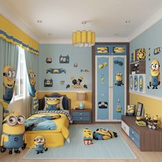 a bedroom decorated in blue and yellow with minion decorations