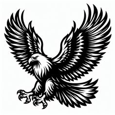 an eagle with spread wings and talons is shown in black on a white background