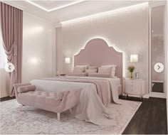 a bedroom decorated in pink and white colors