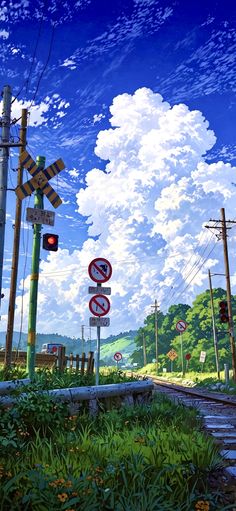 a digital painting of a street sign and railroad tracks