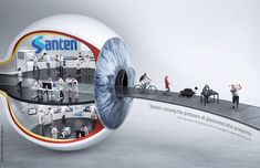 an advertisement for santen shows people walking and riding bikes in the same direction,