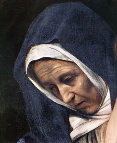 an old painting of a woman with a blue shawl looking down at her cell phone