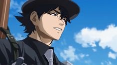 an anime character with black hair and a fedora on his head looking at the camera