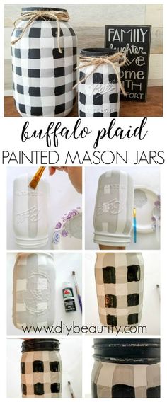 mason jar with buffalo plaid painted mason jars on it and the words buffalo plaid painted mason jars