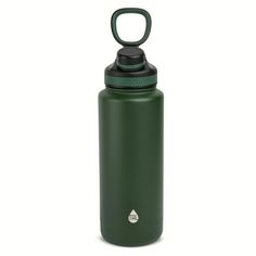 thermos bottle is green with a black lid and an open loop on top