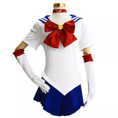 a female sailor outfit with red bow and blue skirt