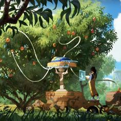 an animated image of a woman standing in front of a tree with fruit on it