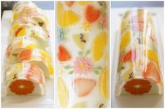 three different images of fruit and flowers on glass tubes with oranges, lemons, and strawberries