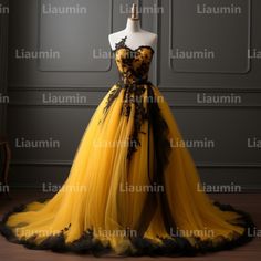 Yellow And Black Gown, Black And Yellow Wedding Dress, Yellow Fitted Ball Gown Evening Dress, Yellow Ball Gown With Fitted Bodice, Hufflepuff Yule Ball Gowns, Yellow Wedding Dress The Bride, Huffle Puff, Yule Ball Dress, Black Dress Aesthetic