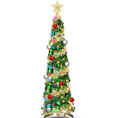 a christmas tree with lights and ornaments on it's base, in front of a white background