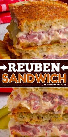 two sandwiches stacked on top of each other with the words reuben sandwich written above them