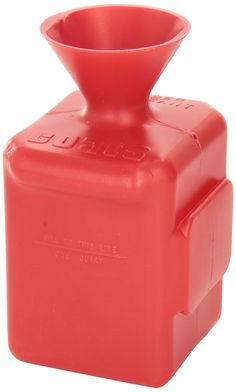 a red plastic container with a cup on the top that says, fuel to water