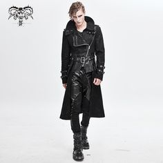 This punk coat is edgy and stylish with its twill and faux leather panels.The high-collar has got snap buttons which can be undone if preferred. The coat also features a belt with a buckle, a zipper that runs down it, lots of metal embellishments and more snap buttons on sleeves and shoulders.The pouch is attached near the right shoulder with snap buttons and the belt can be detached too. Product Specifications: Style: Punk Fabric:80% Cotton, 3% Spandex, 17% Synthetic Leather Custom Cast, Distressed Fabric, Punk Men, Statement Collar, Long Trench Coat, Fashion Now, Military Uniform, The Shadows, Dieselpunk