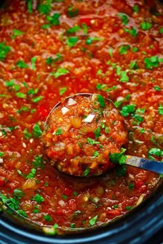 a ladle scooping out of a slow cooker filled with meat and vegetables