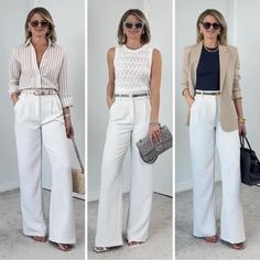 White Work Outfits Women, White Wide Leg Pants Outfit, Teachers Outfits, Muted Summer, Cream Wide Leg Trousers, White Pants Outfit, Ig Bio, Casual Work Outfits Women, Outfits For Summer