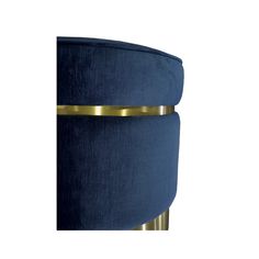 an upholstered blue velvet stool with gold trimmings and a round foot rest