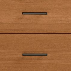 two wooden drawers with black handles on each side and one drawer closed to the other