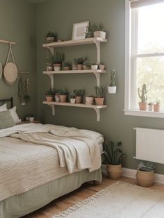 a bed sitting in a bedroom next to a window with potted plants on it