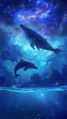 two dolphins swimming in the ocean under a night sky with stars and clouds above them