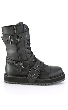 Demonia's Valor boot is a classic combat-style. Added chunky buckled straps give them that bad boy twist. Vegan 1 1/2 inch (38mm) Platform Lace-Up Front Mid-Calf Height Two buckled straps O ring Decals Rear Zip Closure U.S men's sizing - refer to size chart for more info Ring Decals, Demonia Boots, Platform Combat Boots, Demonia Shoes, Combat Style, Vegan Leather Boots, Leather Knee Boots, Knee Boot, Black Vegan