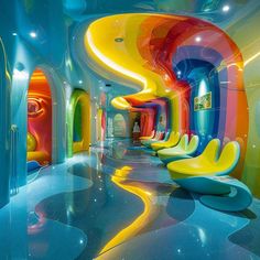 an artisticly designed hallway with rainbow colored walls and chairs on the floor in front of it