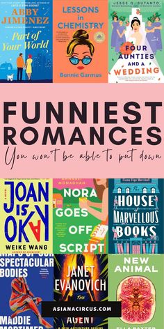 the front cover of funniest romances, with an image of different books