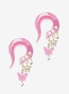 Set of 2 pink acrylic hanger tapers with dangling butterfly and faux pearl charms.Jewelry care: Wash with antibacterial soap and warm water. Piercing care: Wash hands thoroughly  then clean piercing with H2Ocean (sold separately) or saline solution. Acrylic Set of 2Use in healed piercings only. Remove immediately if irritation occurs. Do not use harsh or alcohol-based chemicals to clean jewelry. This may cause tarnishing.Intended as a decorative piece and should not Tragus Piercing Healing Process, Clear Piercings, Cool Ear Piercings Unique, Piercing Set Up, Pink Piercings, Kawaii Piercings, Aesthetic Stuff To Buy, 0g Plugs, Punk Piercings