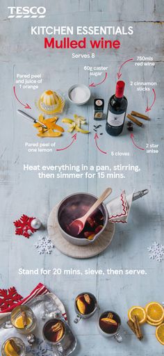 an advertisement for tesco's kitchen essentials mulled wine