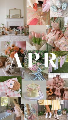 a collage of photos with the word apr written in white and surrounded by pink flowers