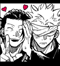 an image of two anime characters with hearts on their foreheads and one holding his head