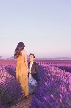 a man kneeling down next to a woman in a field full of purple flowers and plants