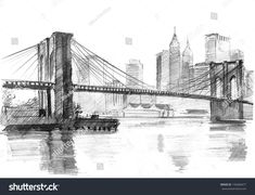 pencil drawing of the brooklyn bridge in new york city