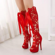 Cut Out Peep Toe Platform Super High Heels Long Boot Sandals（Red（Sold Out）） on Luulla Ootd Heels, High Heels Outfit, Long Shoes, Sporty Shoes, High Heel Dress, Red High Heels, Prom Style, High Heels Sandals