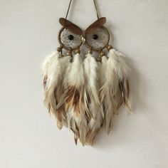 an owl shaped dream catcher hanging from a wall with feathers on it's back