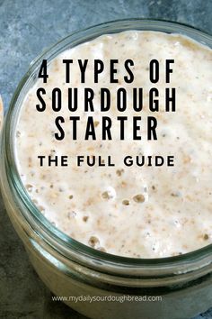 four types of sourdough starter in a glass jar with text overlay that reads 4 types of sourdough starter the full guide