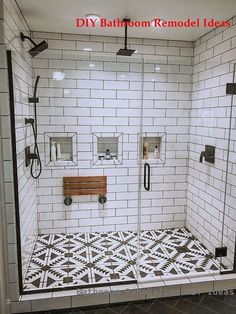 a white tiled shower with black and white tiles