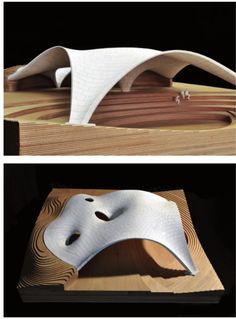 two photographs of an architectural model with wood and white paint on the top, and bottom