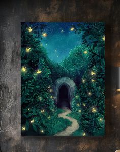 a painting of a tunnel in the woods with fairy lights coming from it's entrance