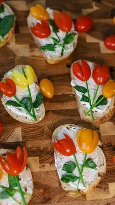 small pieces of bread with vegetables on them