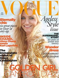 a woman is smiling on the cover of a magazine, with gold sequins