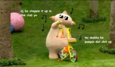 a cartoon bear riding a bike with music notes on it's handlebars