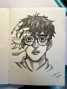 a drawing of a boy with glasses on his head and eyeglasses over his eyes